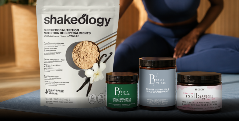 BODi perimenopause bundle with Shakeology, Belle Vitale hormone balance supplements, and collagen