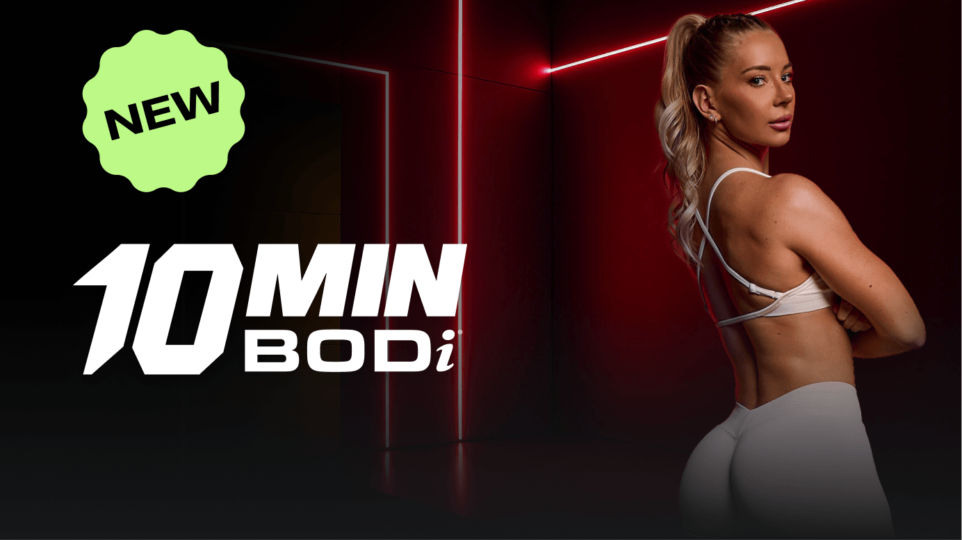Woman in athletic wear with '10 Min Bodi' text and 'NEW' label on a dark background