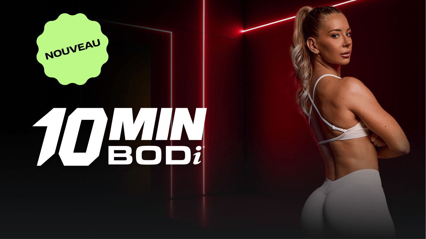 Woman in athletic wear with '10 Min BODi' text and 'Nouveau' label on a dark background
