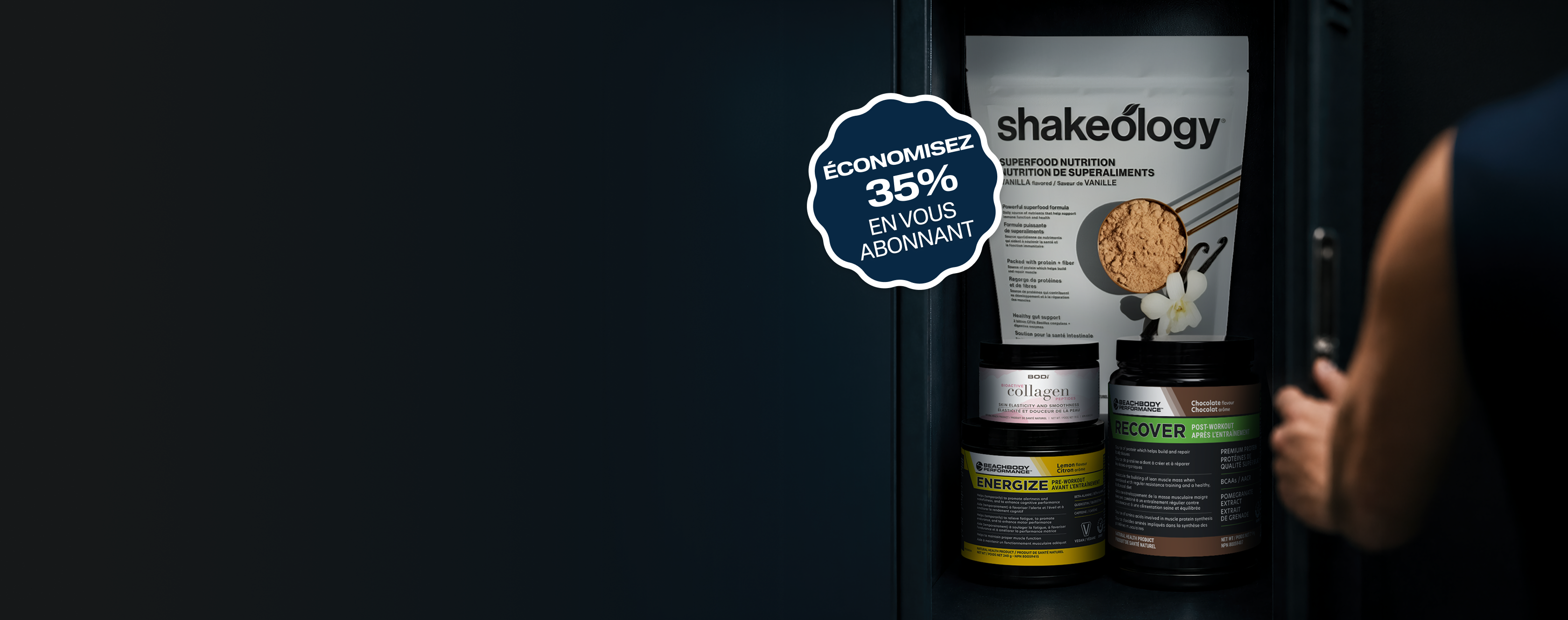 Dark cabinet door revealing a lineup of supplement products. Your Strongest Season Yet. Labour Day Sale