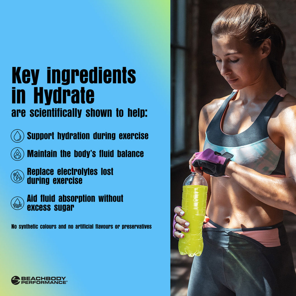 Woman drinking Hydrate, key ingredients