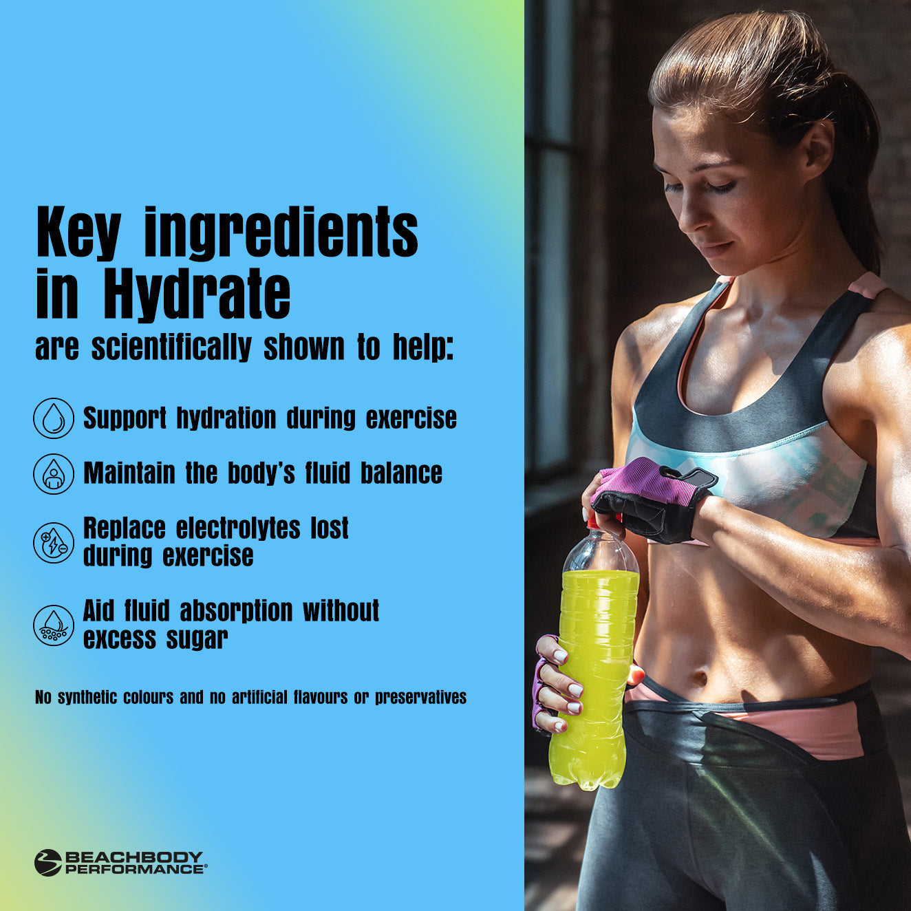 Woman drinking Hydrate, key ingredients