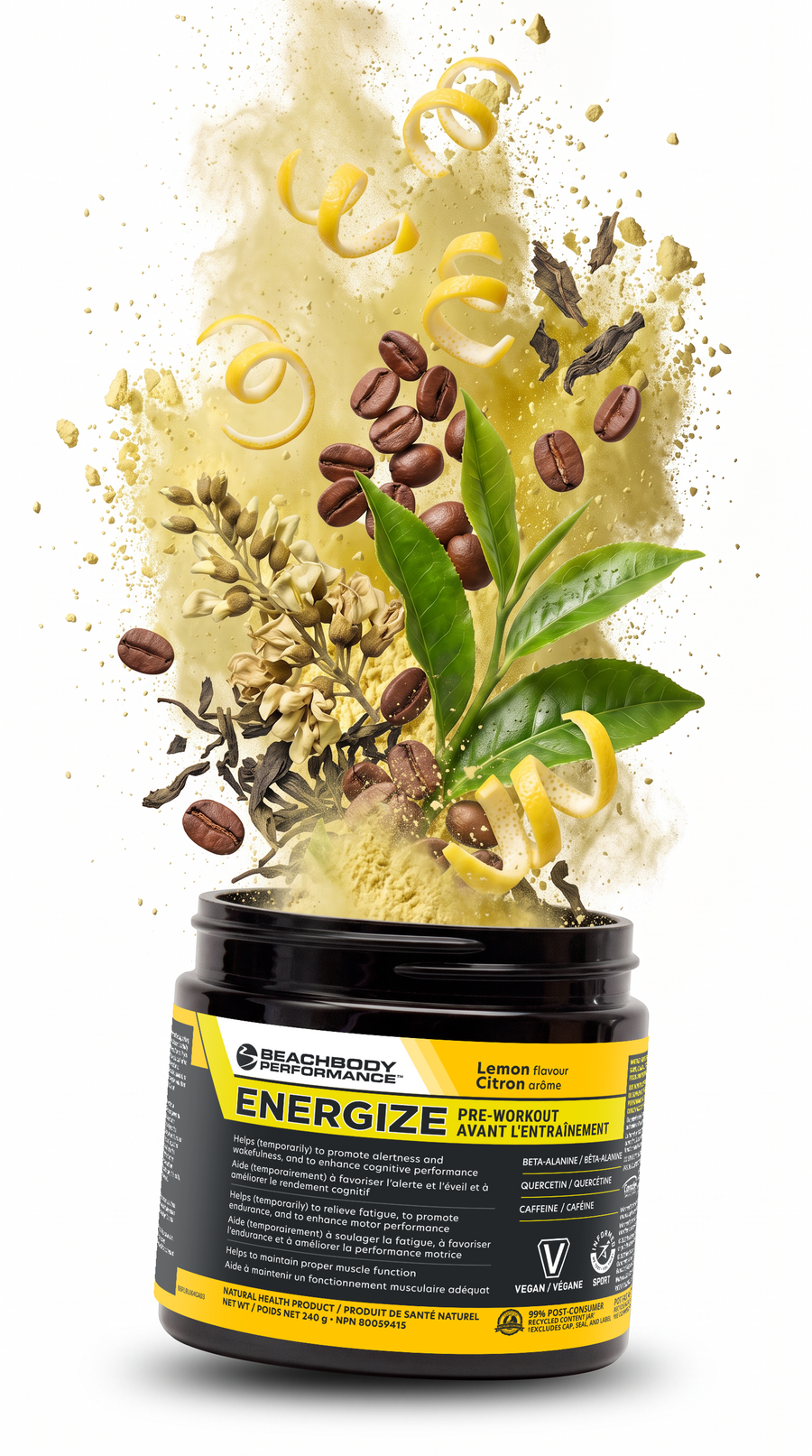 A tub of Energize with Ingredients exploding out of it