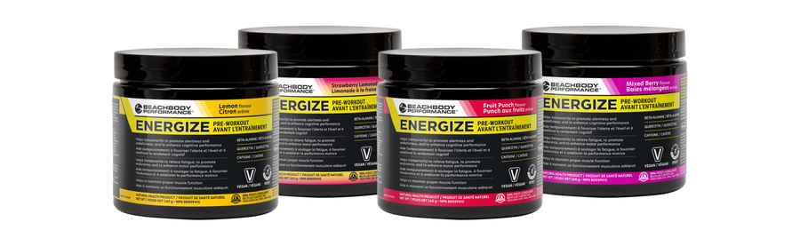 Four tubs of Energize in Lemon, Strawberry Lemonade, Fruit Punch, and Mixed Berry Flavors.