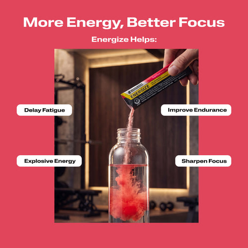 A clear bottle filled with Energize Pre-workout with benefit callouts.
