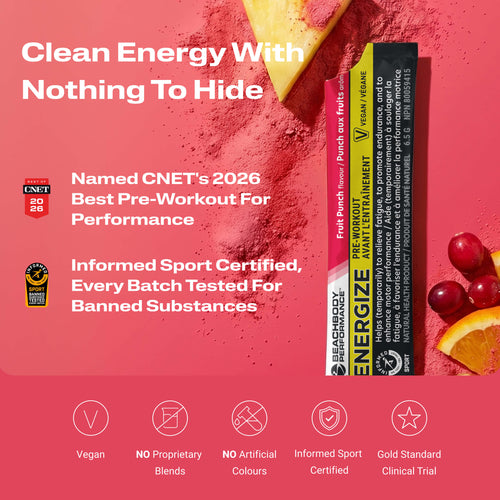 Energize Pre-workout with certification logos, and fruit slices partially visible at the edges.