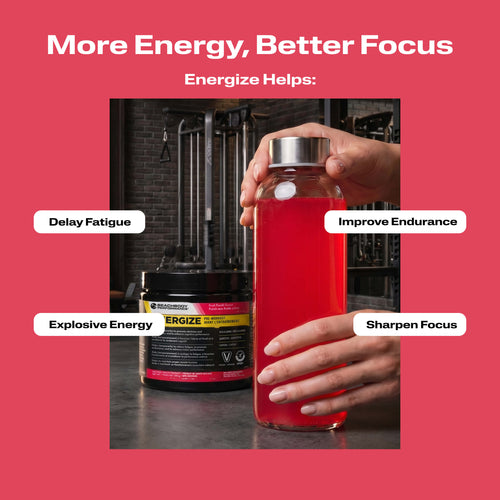 A clear bottle filled with Energize Pre-workout with benefit callouts.