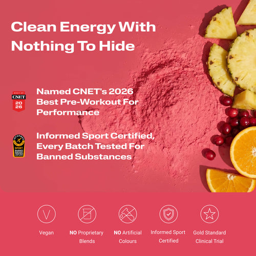 Energize Pre-workout with certification logos, and fruit slices partially visible at the edges.