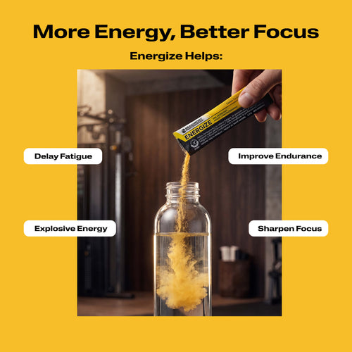 A clear bottle filled with Energize Pre-workout with benefit callouts.