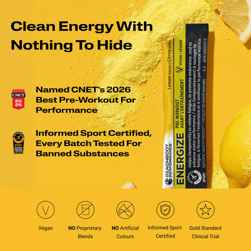 Energize Pre-workout with certification logos, and fruit slices partially visible at the edges.