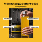 A clear bottle filled with Energize Pre-workout with benefit callouts.