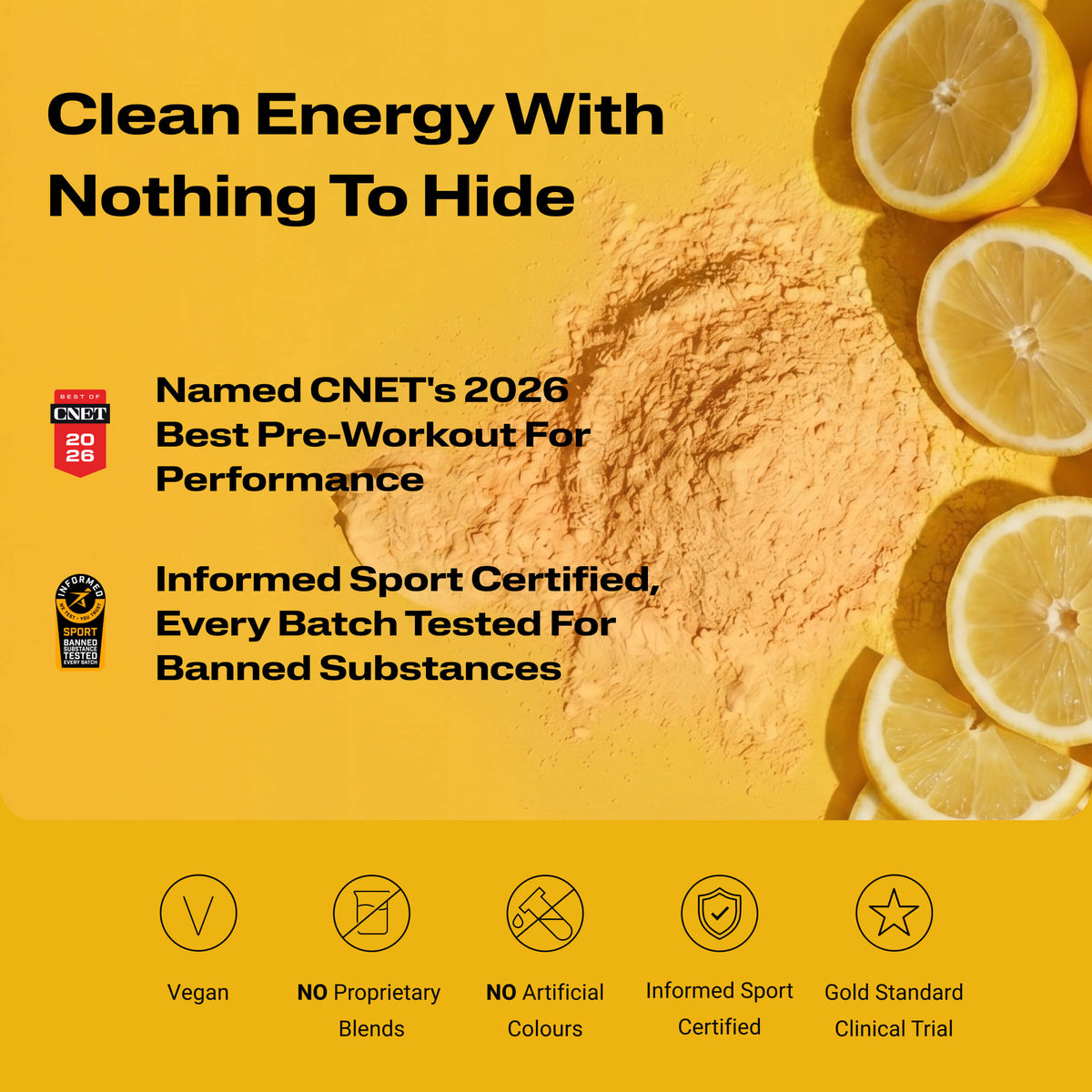 Energize Pre-workout with certification logos, and fruit slices partially visible at the edges.