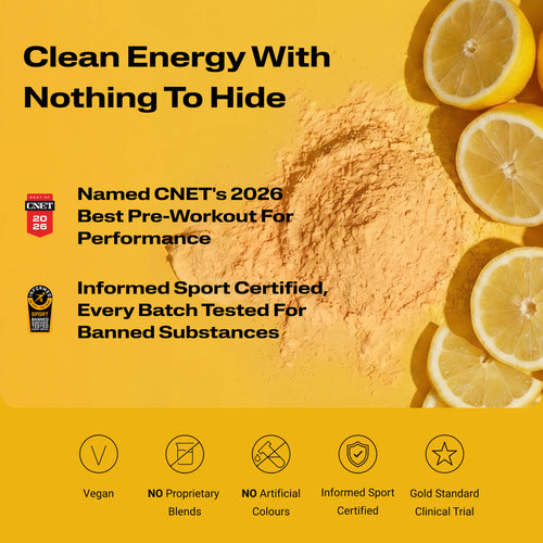 Energize Pre-workout with certification logos, and fruit slices partially visible at the edges.