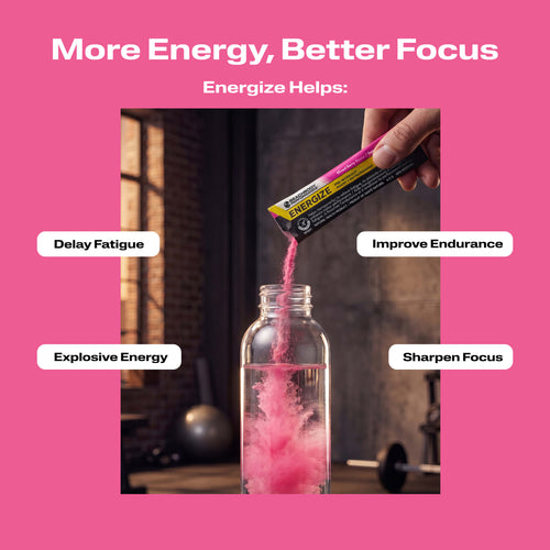 A clear bottle filled with Energize Pre-workout with benefit callouts.