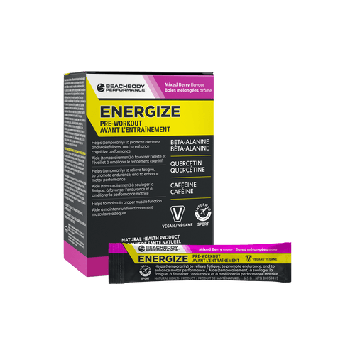 Beachbody Performance Energize pre-workout supplement box and single sachet.