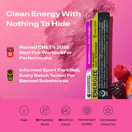 Energize Pre-workout with certification logos, and fruit slices partially visible at the edges.
