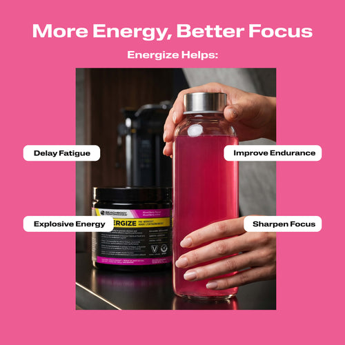 A clear bottle filled with Energize Pre-workout with benefit callouts.