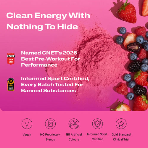 Energize Pre-workout with certification logos, and fruit slices partially visible at the edges.