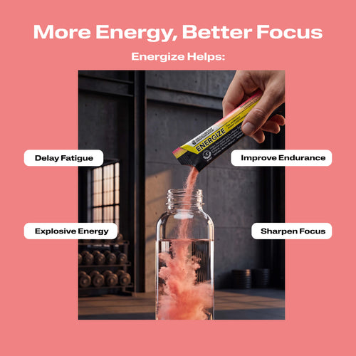 A clear bottle filled with Energize Pre-workout with benefit callouts.