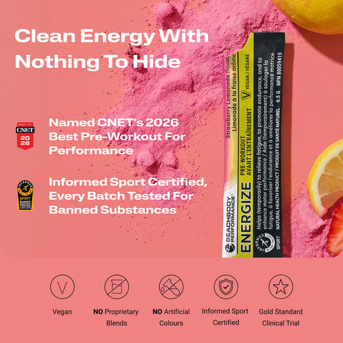 Energize Pre-workout with certification logos, and fruit slices partially visible at the edges.