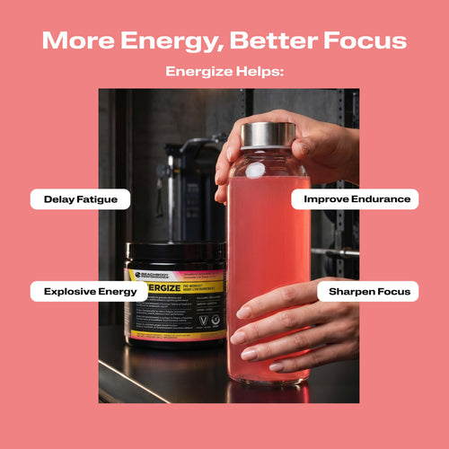 A clear bottle filled with Energize Pre-workout with benefit callouts.