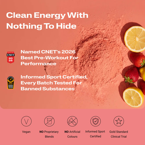 Energize Pre-workout with certification logos, and fruit slices partially visible at the edges.