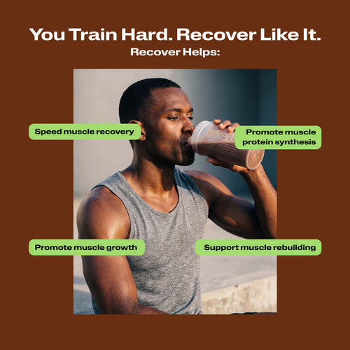 You Train Hard. Recover Like It. Recover Helps. Athlete drinking Recover in bottle with benefit callouts