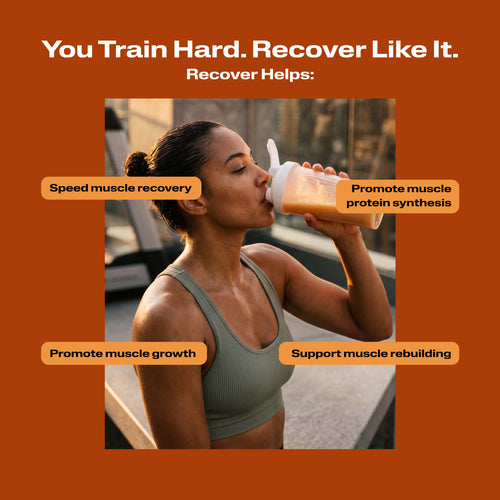 You Train Hard. Recover Like It. Recover Helps. Athlete drinking Recover in bottle with benefit callouts