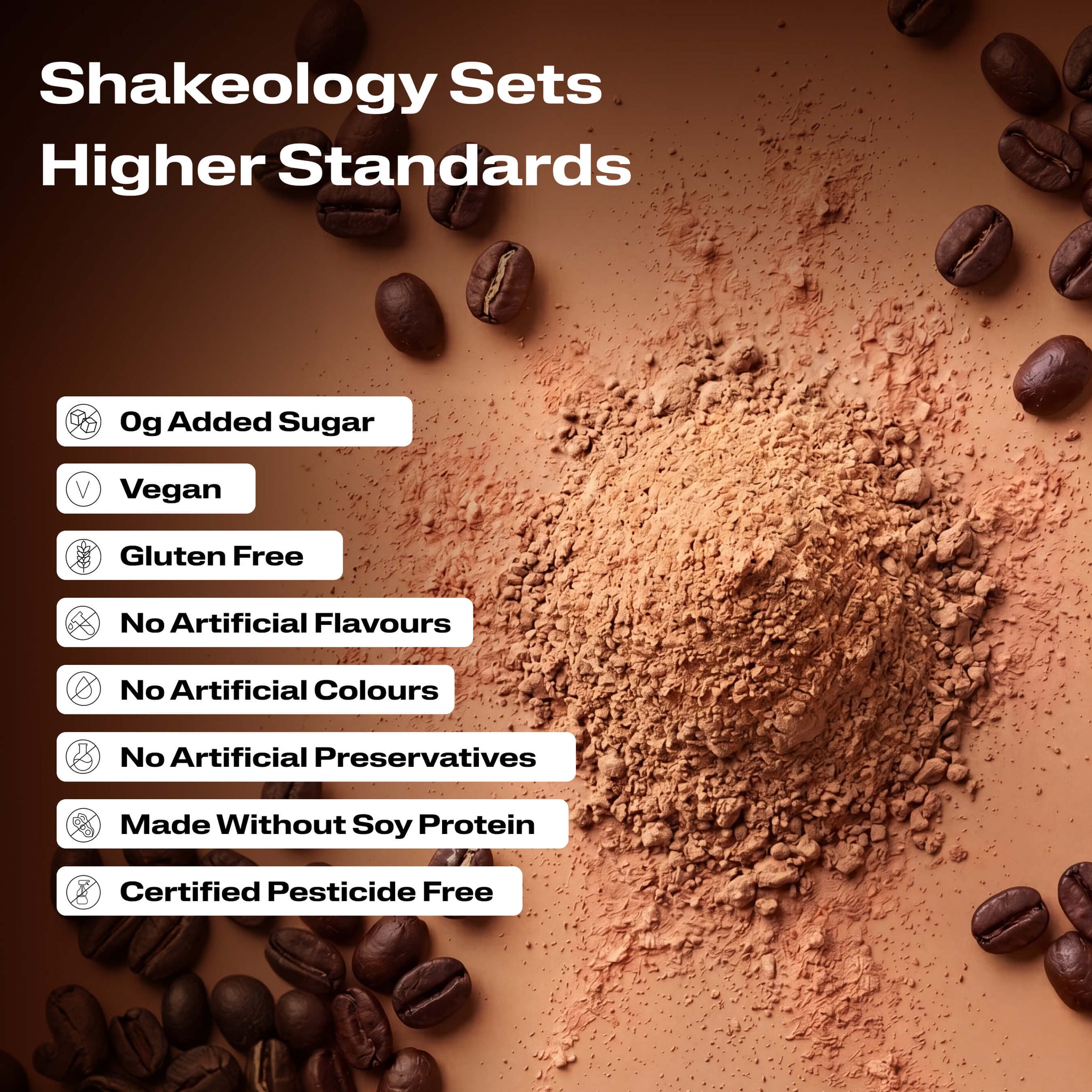 A close-up promotional graphic of Shakeology protein, superfood powder with validation callouts