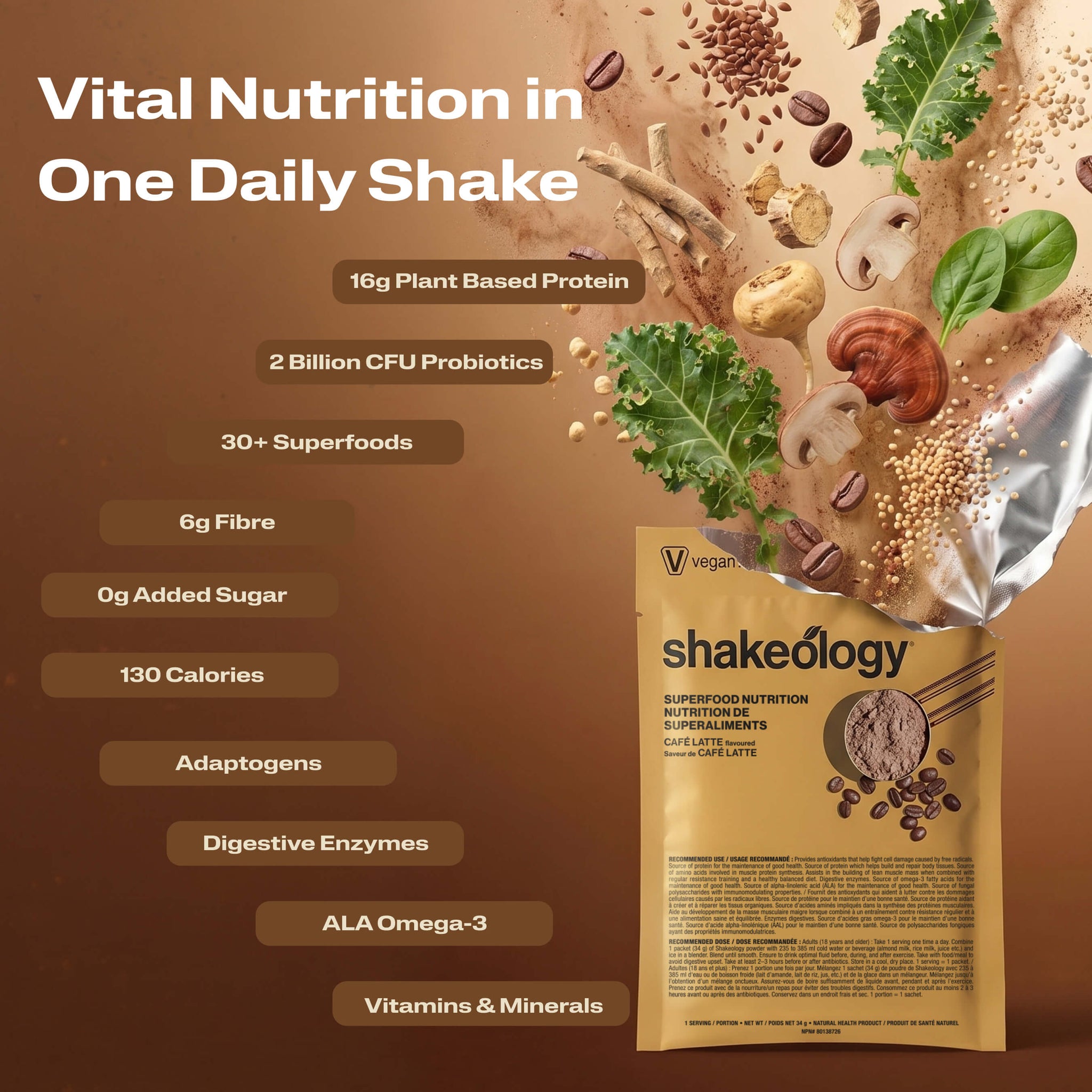 A promotional graphic for Shakeology Vital Nutrition in One Daily Shake. The left side features key nutritional benefits.