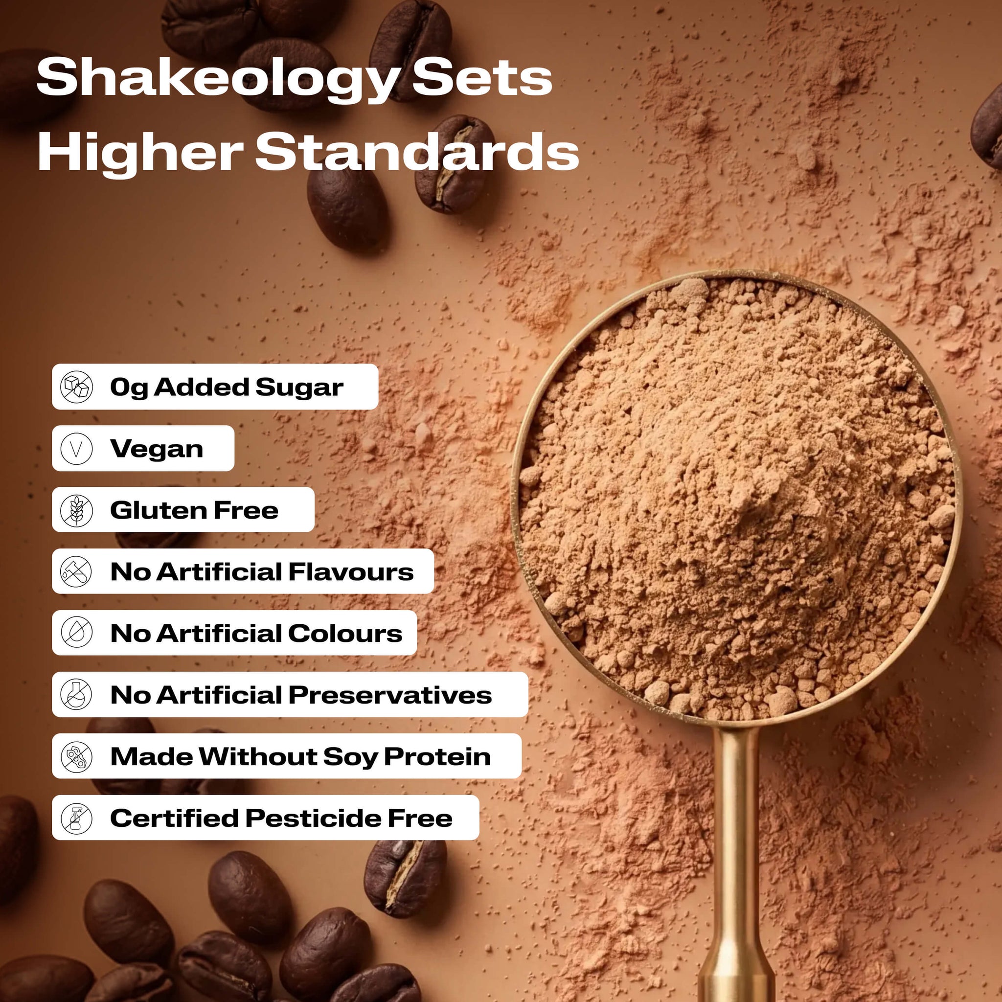 A close-up promotional graphic of Shakeology protein, superfood powder with validation callouts