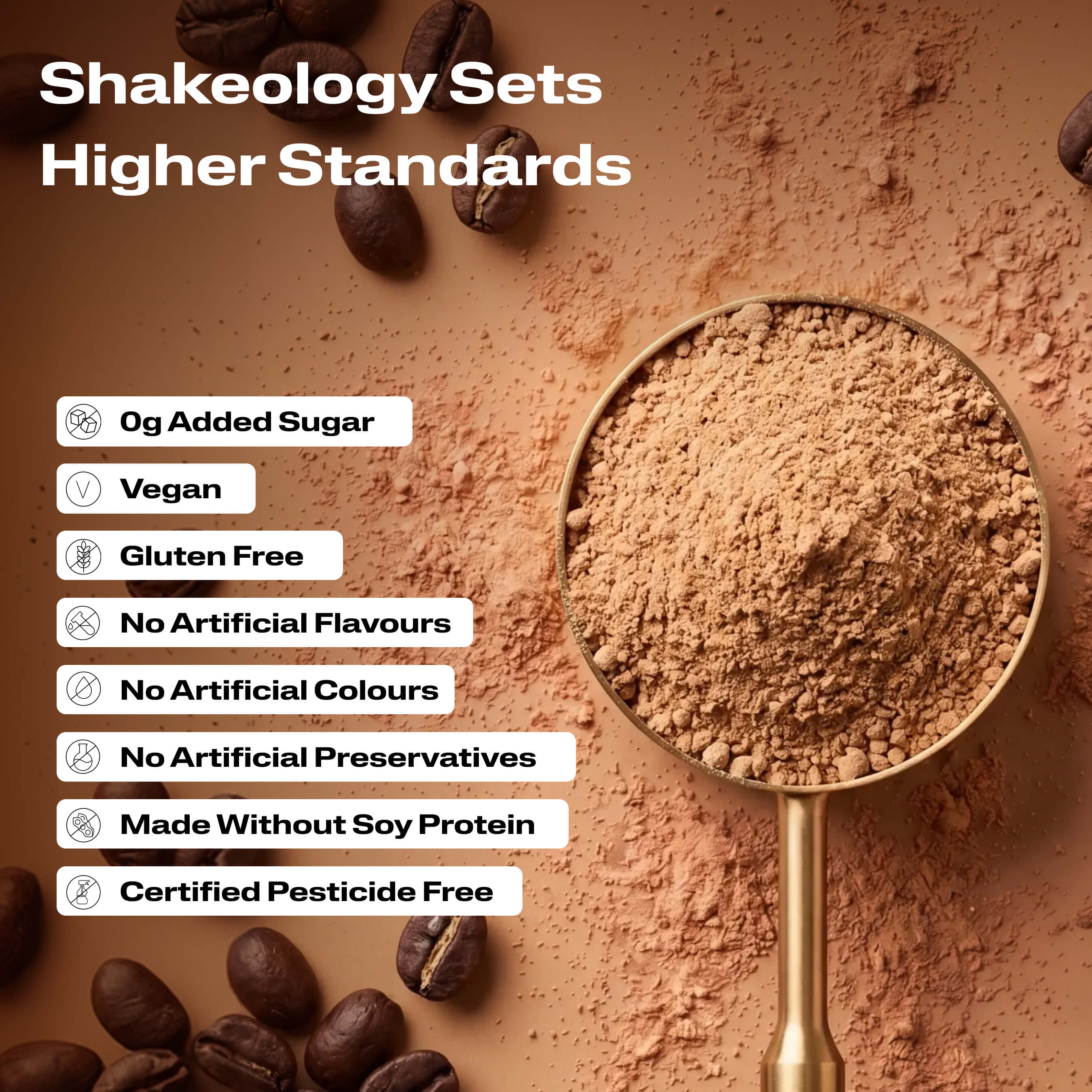 A close-up promotional graphic of Shakeology protein, superfood powder with validation callouts