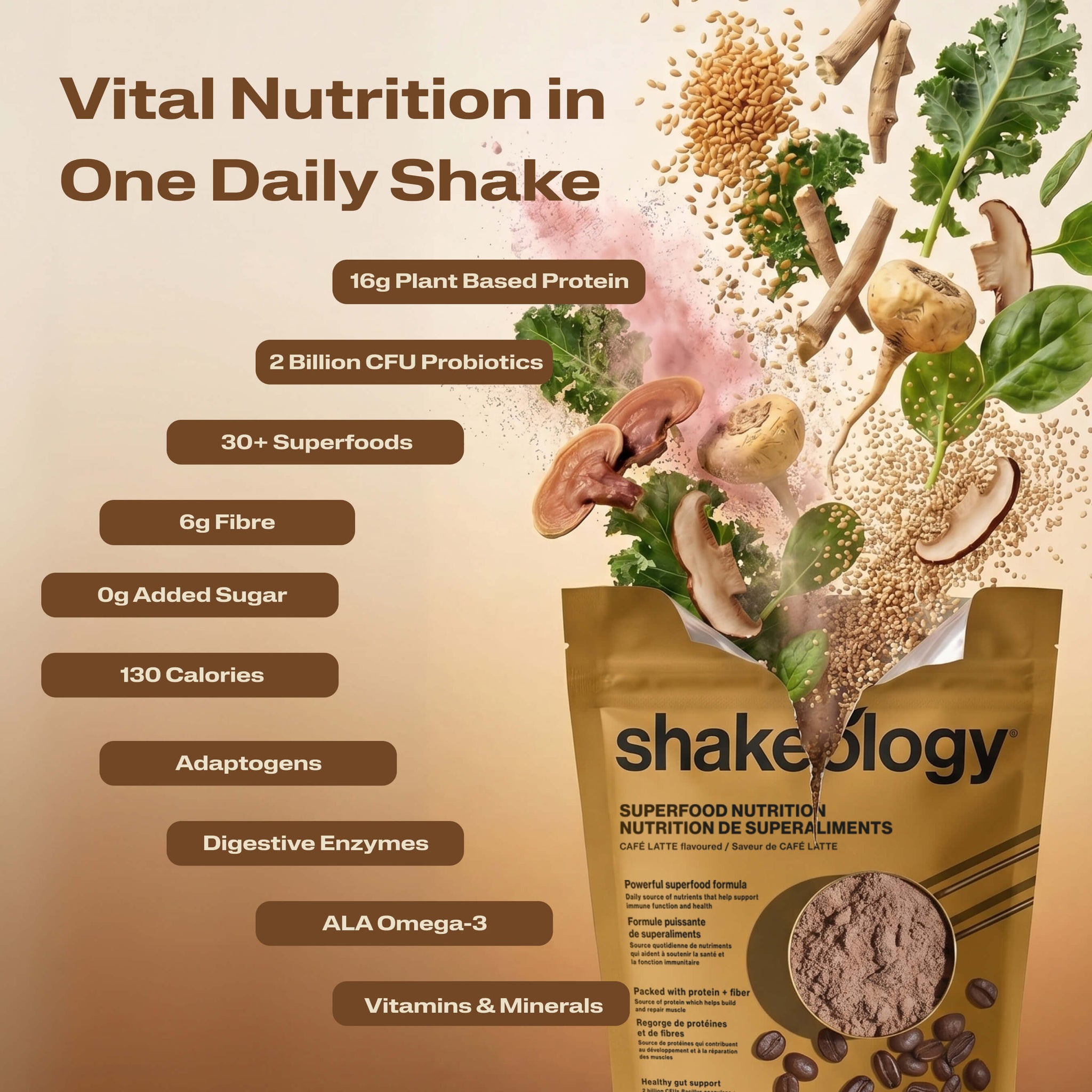 A promotional graphic for Shakeology Vital Nutrition in One Daily Shake. The left side features key nutritional benefits.
