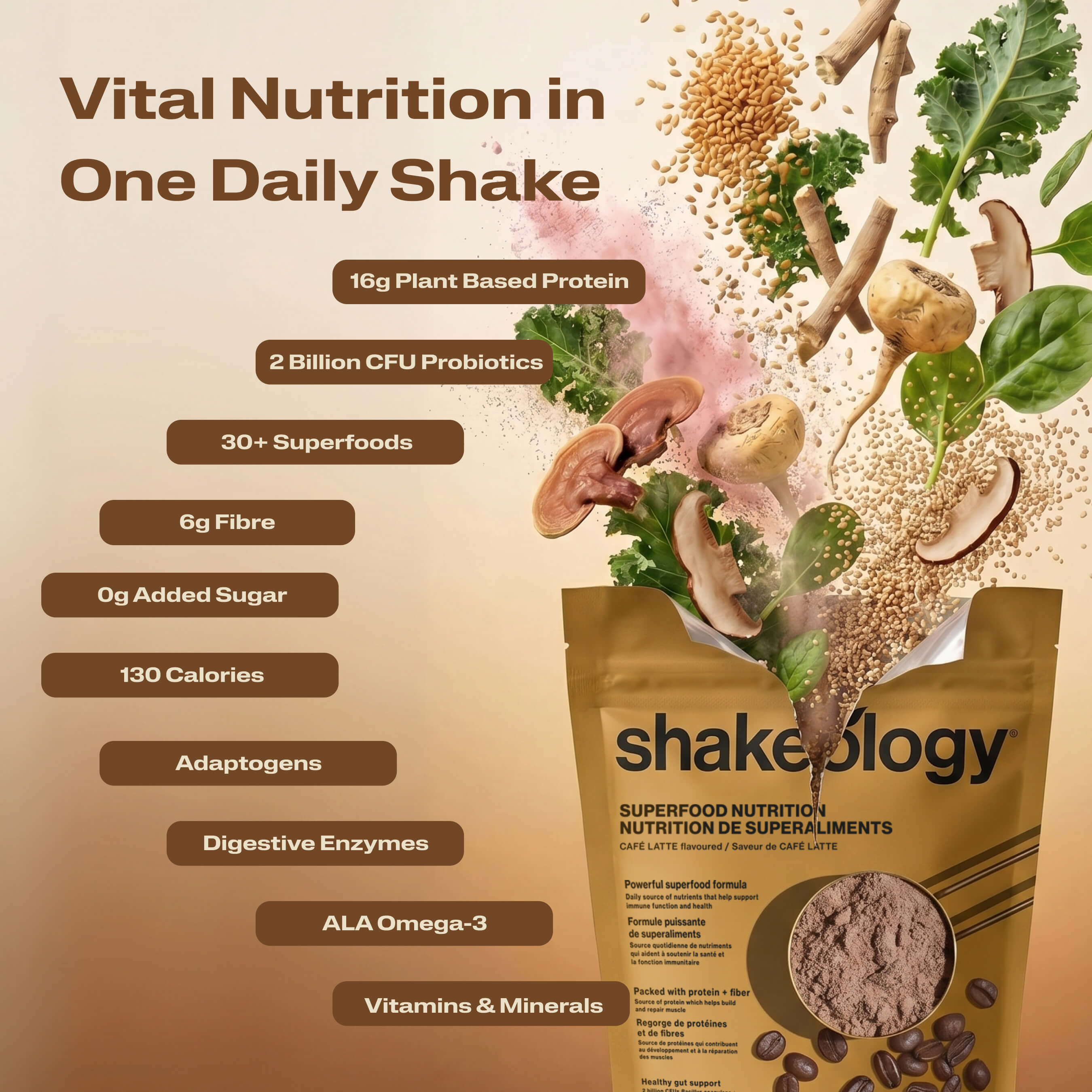 A promotional graphic for Shakeology Vital Nutrition in One Daily Shake. The left side features key nutritional benefits.