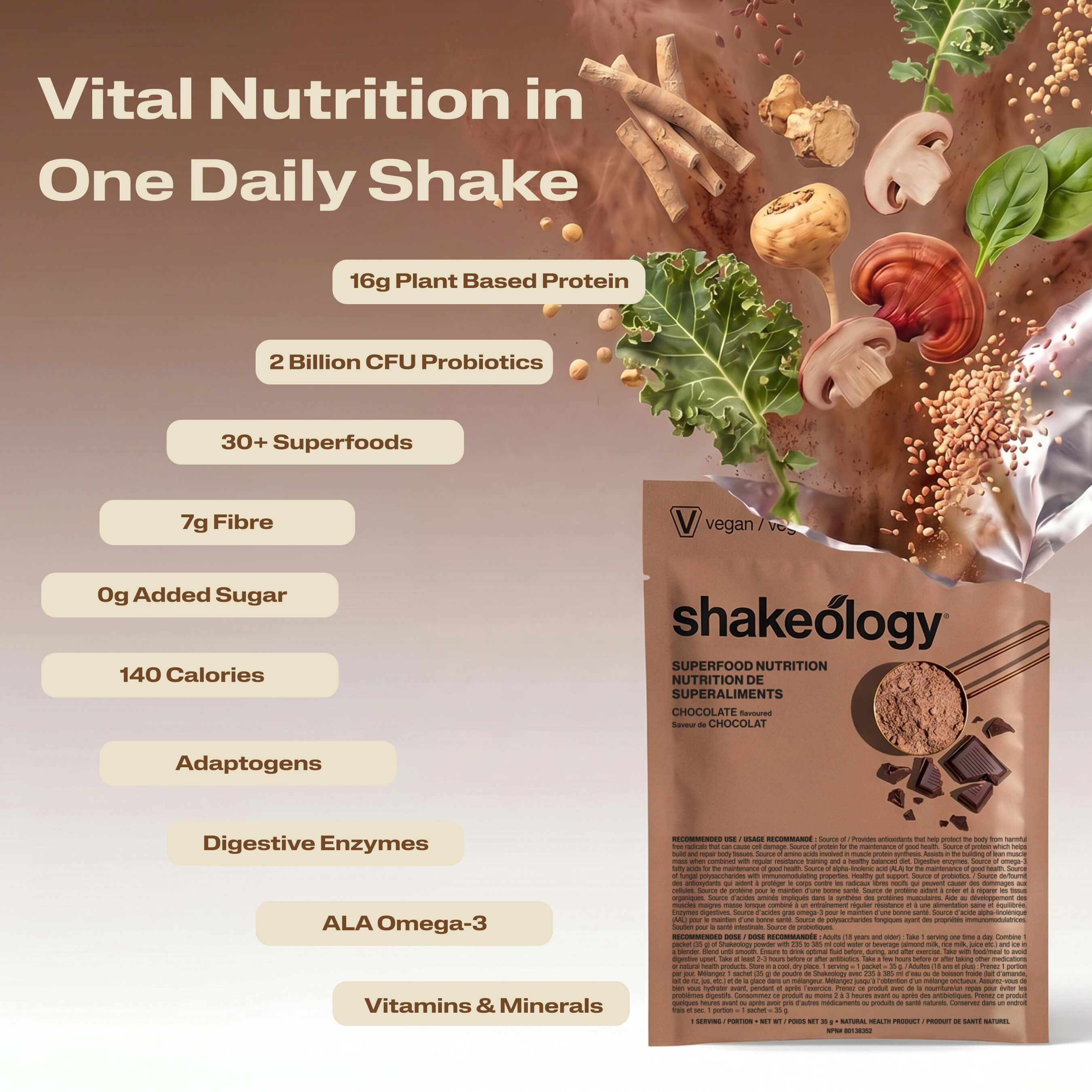 A promotional graphic for Shakeology Vital Nutrition in One Daily Shake. The left side features key nutritional benefits.