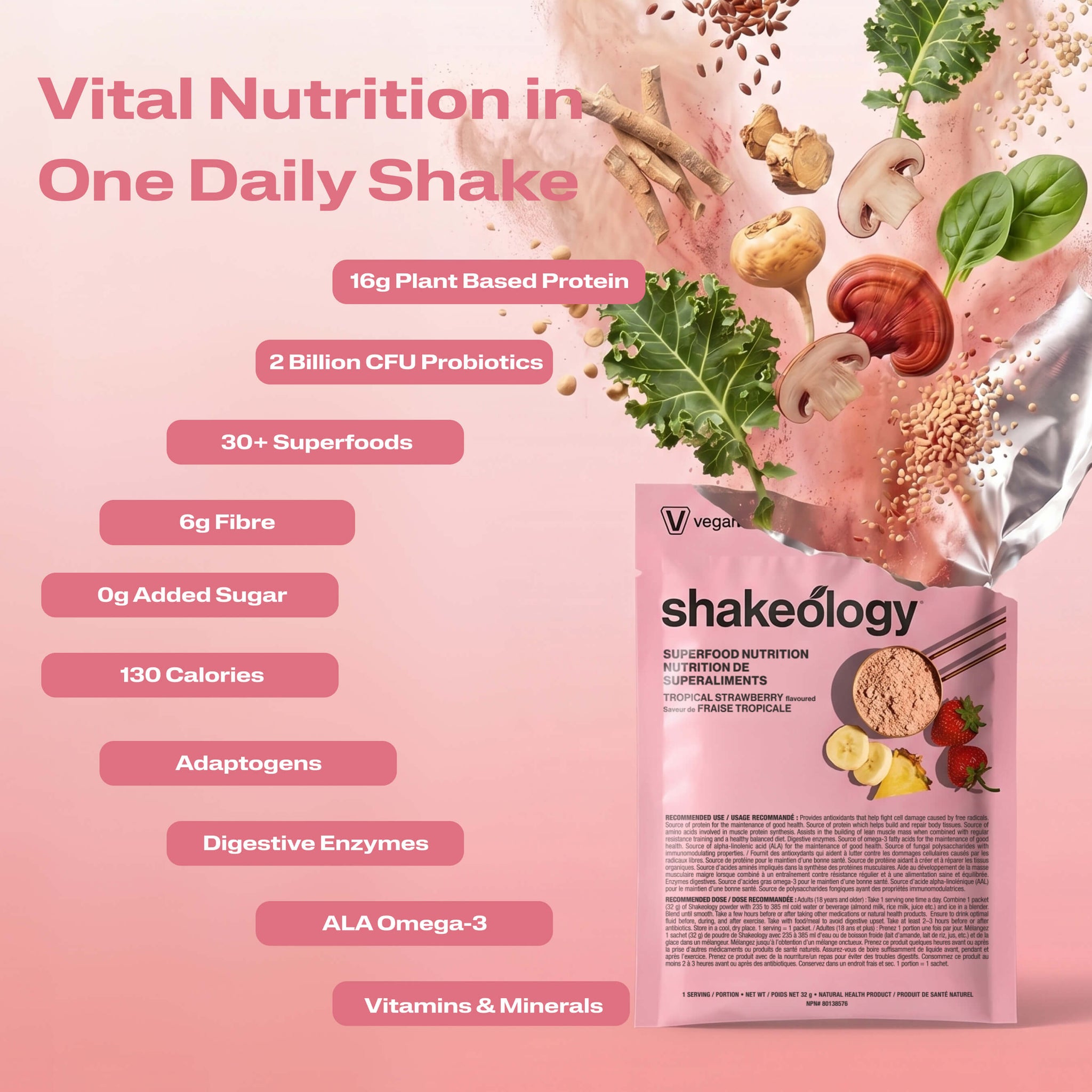 A promotional graphic for Shakeology Vital Nutrition in One Daily Shake. The left side features key nutritional benefits.