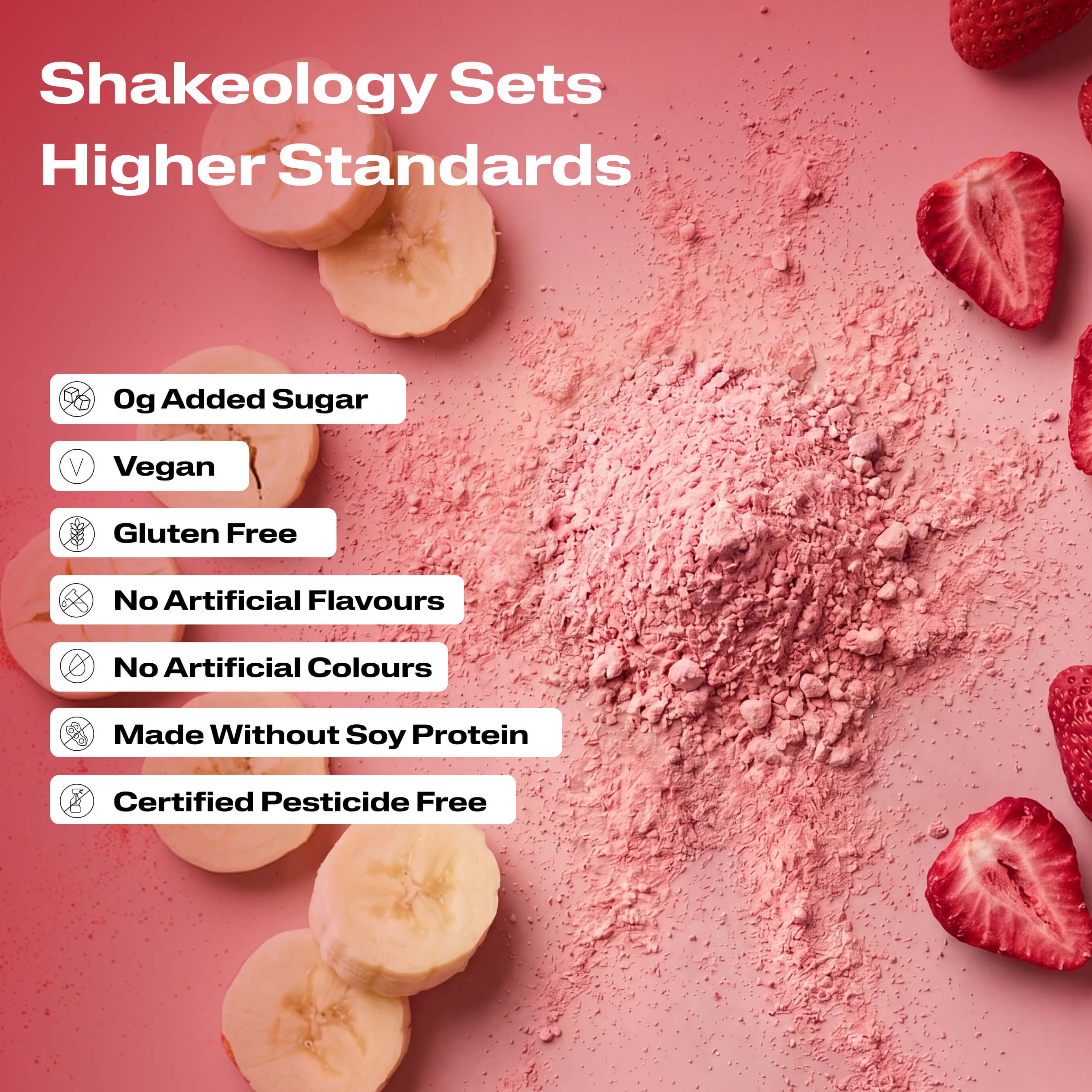 A close-up promotional graphic of Shakeology protein, superfood powder with validation callouts