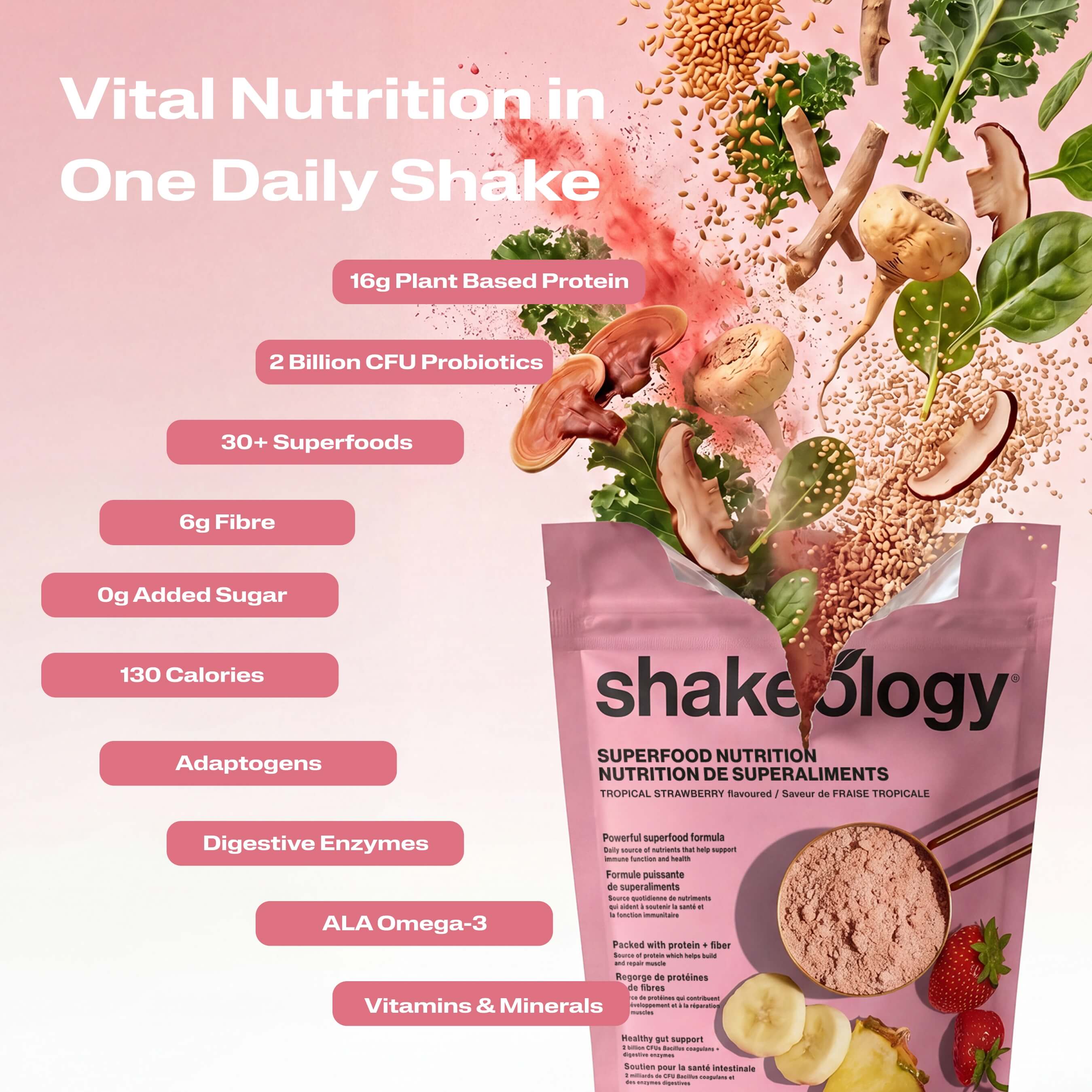 A promotional graphic for Shakeology Vital Nutrition in One Daily Shake. The left side features key nutritional benefits.