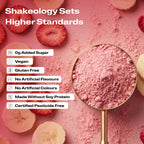 A close-up promotional graphic of Shakeology protein, superfood powder with validation callouts