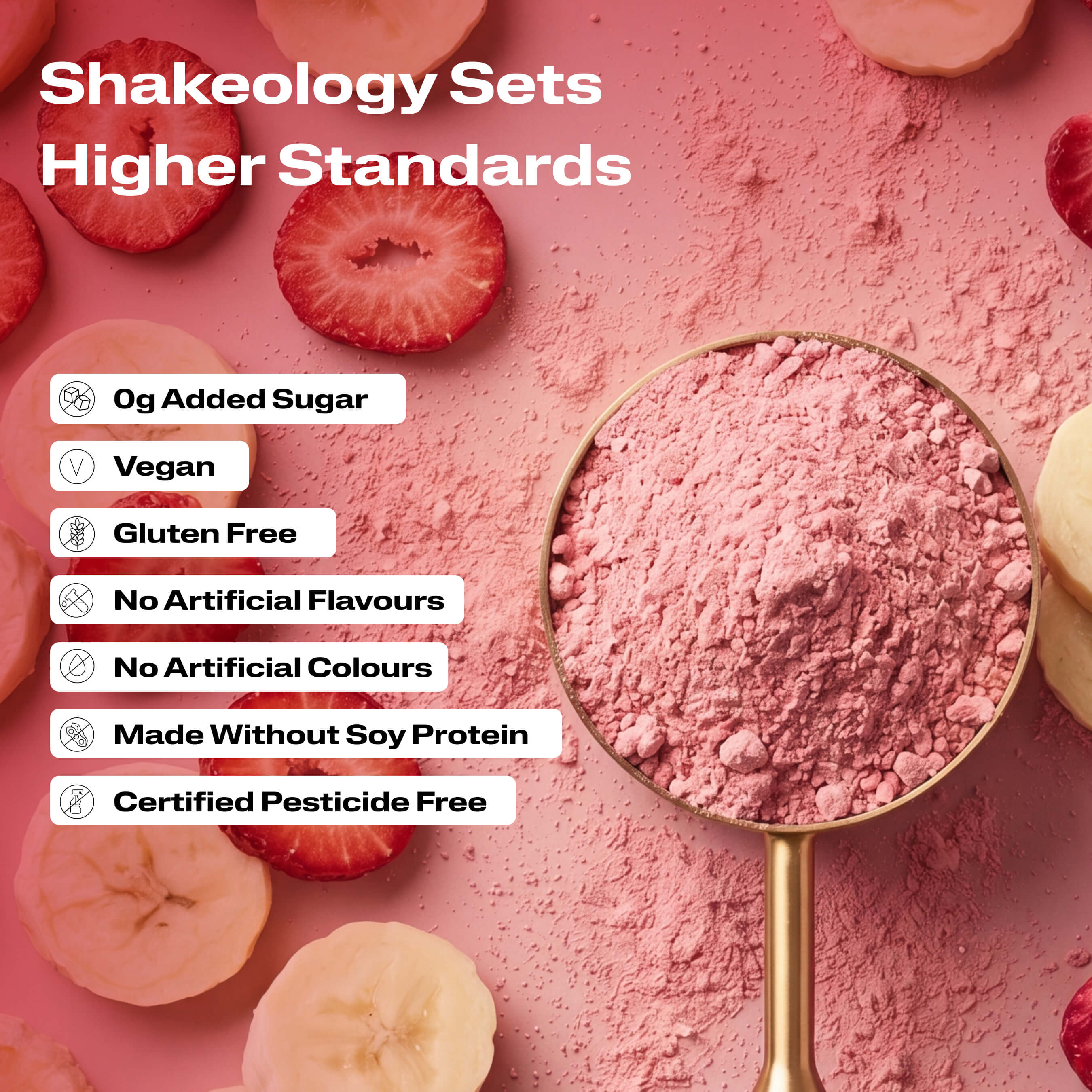 A close-up promotional graphic of Shakeology protein, superfood powder with validation callouts