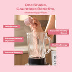 A promotional graphic of a person pouring Shakeology into a blender with benefit callouts