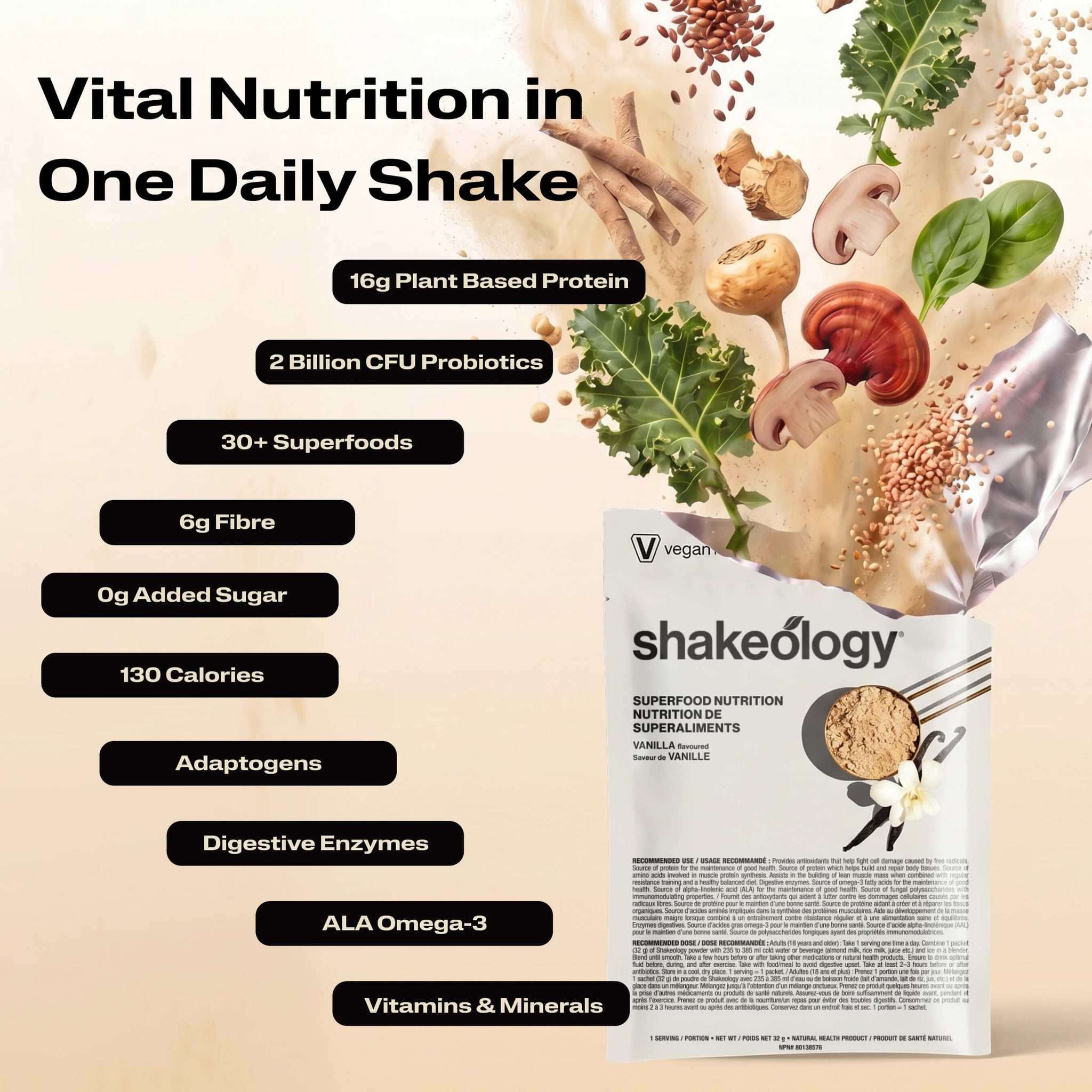 A promotional graphic for Shakeology Vital Nutrition in One Daily Shake. The left side features key nutritional benefits.