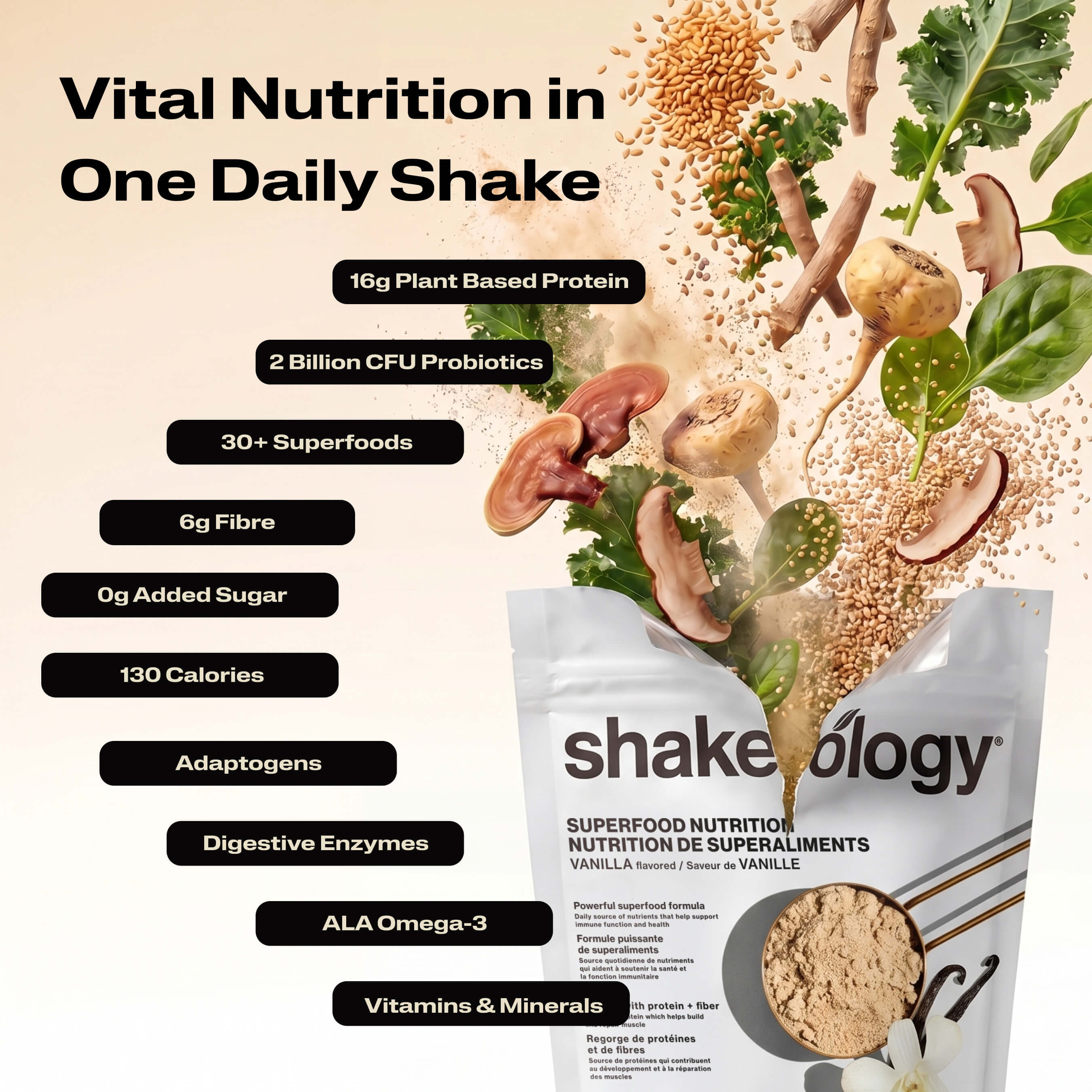 A promotional graphic for Shakeology Vital Nutrition in One Daily Shake. The left side features key nutritional benefits.