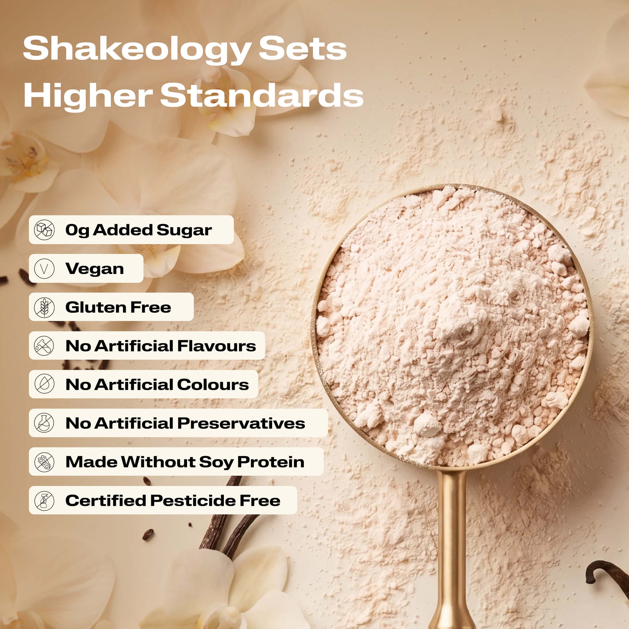 A close-up promotional graphic of Shakeology protein, superfood powder with validation callouts