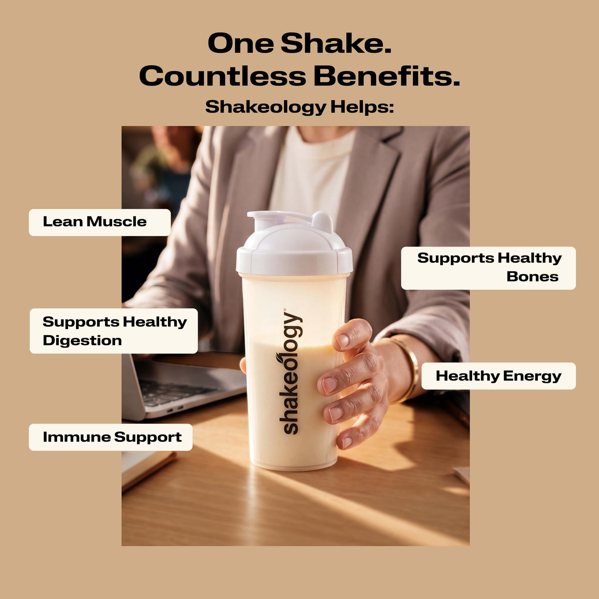 A promotional graphic of a person holding a Shakeology branded clear bottle filled with a shake with benefit callouts