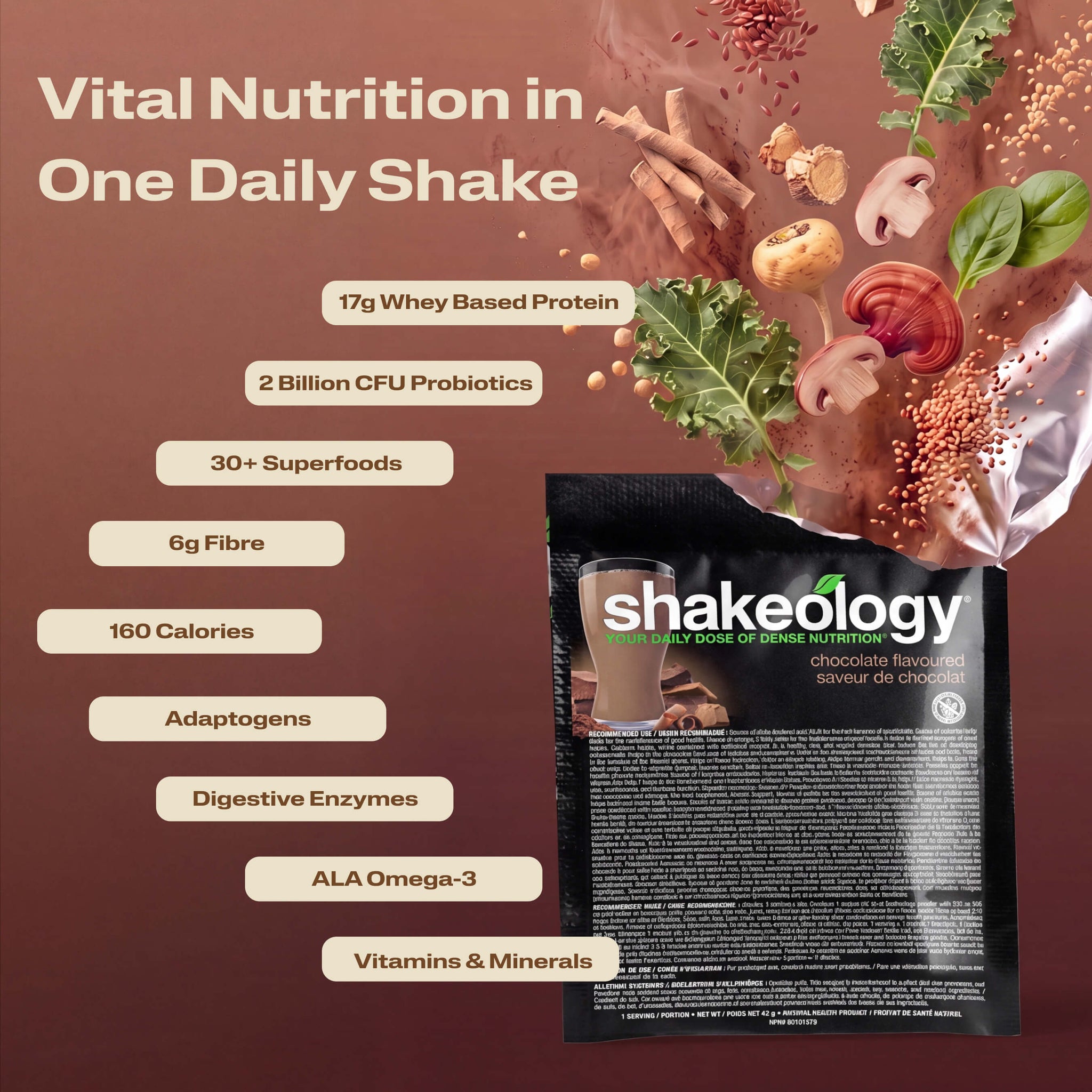 A promotional graphic for Shakeology Vital Nutrition in One Daily Shake. The left side features key nutritional benefits.