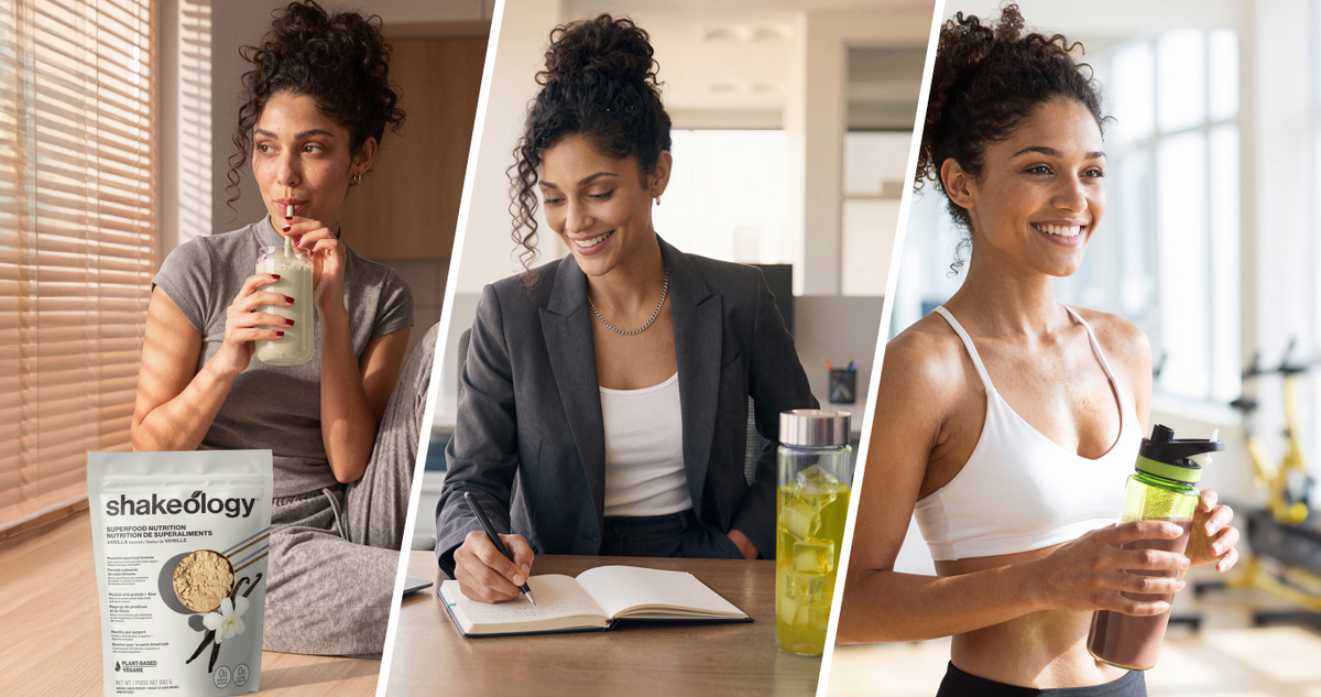 Fuel Your Day. A three-panel lifestyle banner showing a woman in different settings