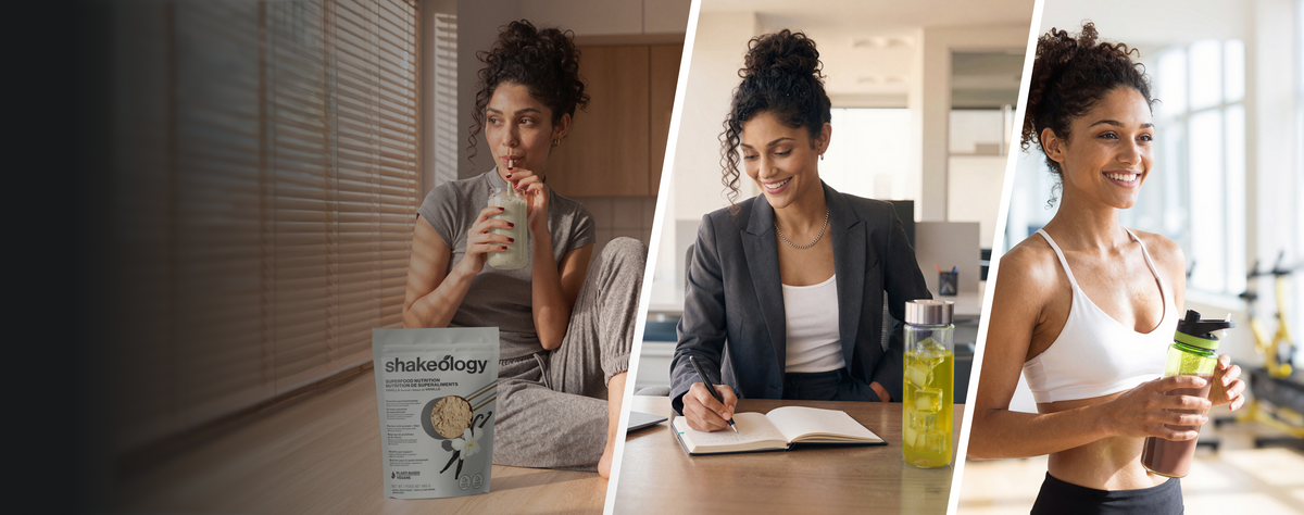 Fuel Your Day. A three-panel lifestyle banner showing a woman in different settings
