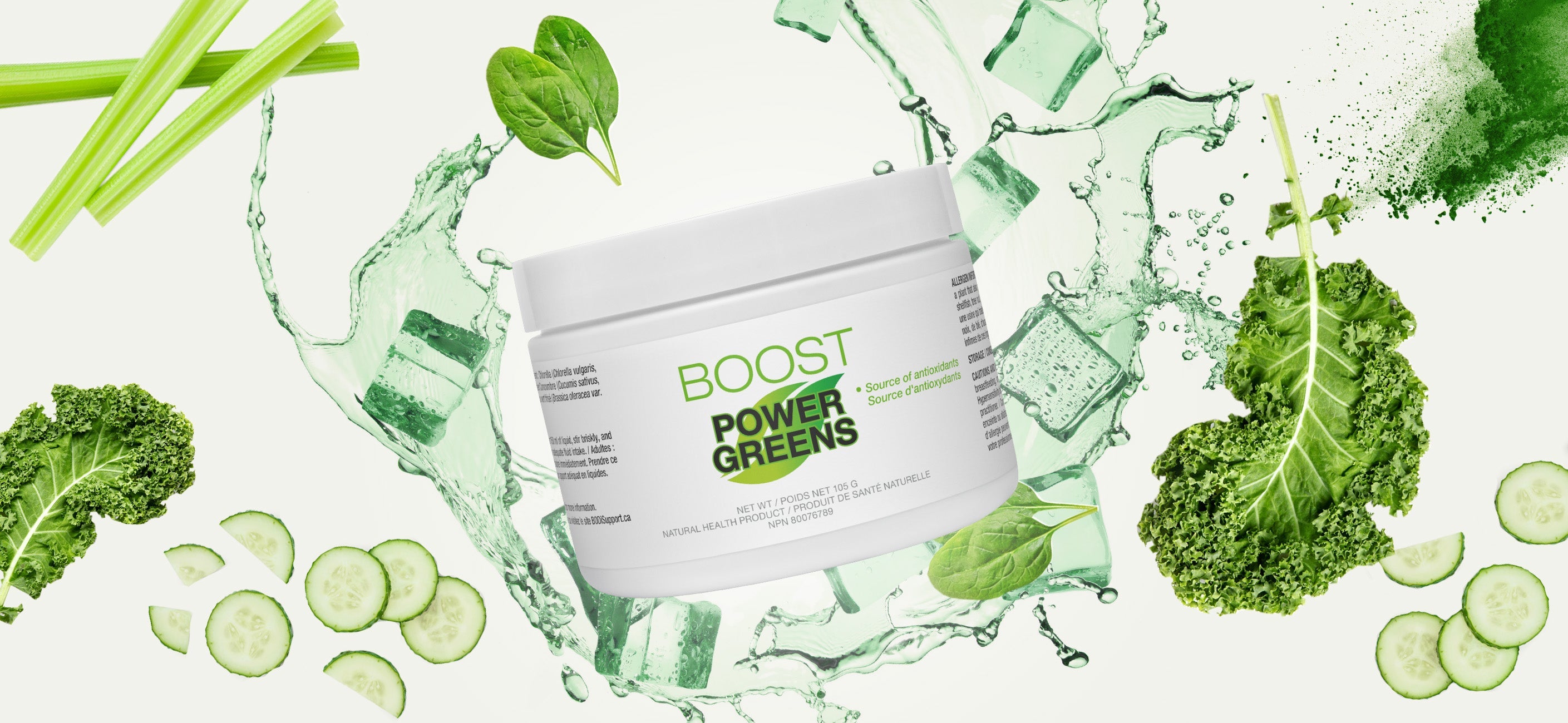 Power Greens tub surrounded by green vegetables